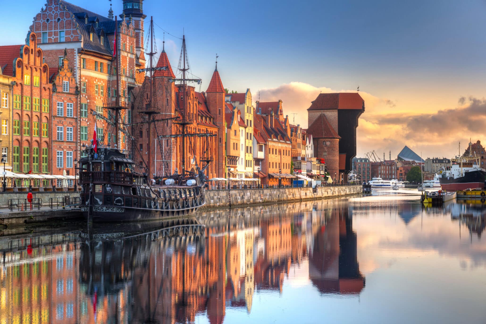 Gdansk with beautiful old town over Motlawa river at sunrise, Po