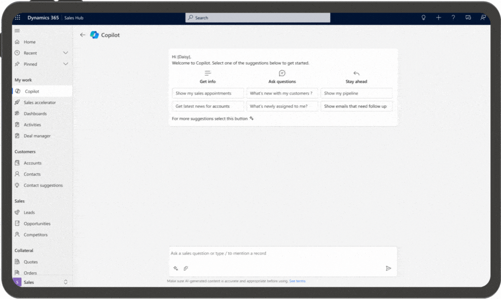 Dynamics 365 Screenshot Sales Hub Copilot